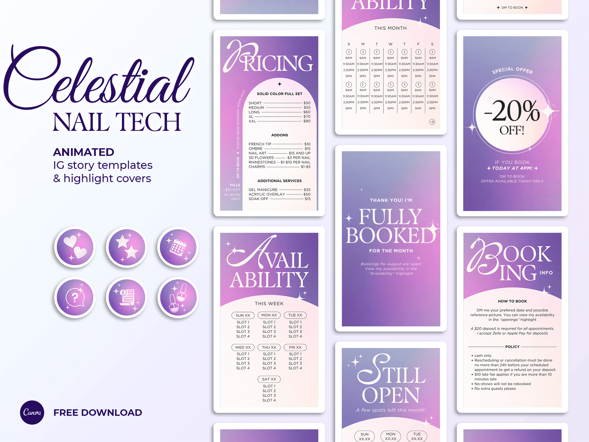 Celestial Instagram templates for nail technicians animated templates canva canva templates design free free templates highlight covers instagram instagram story instagram templates nail tech nail technician social media templates