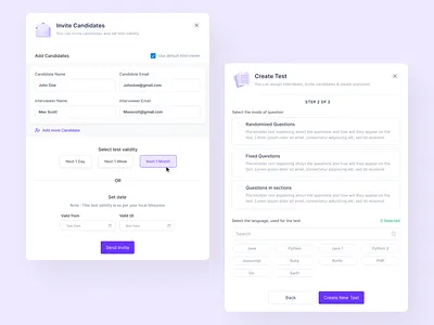 Modal UI dashboard hire invite modal purpla saas tech test ui