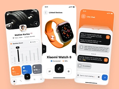 sandow UI Kit: AI Fitness & Nutrition App | Profile Settings UI blue chat ui devices diet app fitness app fitness data fitness metrics fitness score fitness ui nutrition app orange personalized fitness profile profile settings ui profile ui settings smart watch ui ui ui kit workout app