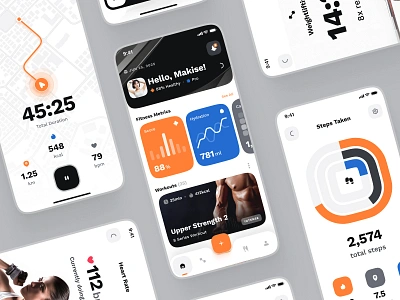 sandow UI Kit: AI Fitness & Nutrition App | Smart Fitness UIUX blue boxing exercise app fitness ai app fitness app fitness data fitness metrics fitness monitoring fitness stats fitness tracker fitness ui jogging app map ui minimal orange steps taken strangehelix ui ui kit workout app