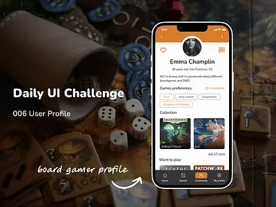 Daily UI Challenge | 006 | User Profile app board games community dailyui dailyuichallenge figma mobile profile ui user