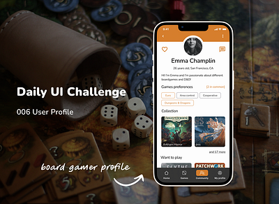 Daily UI Challenge | 006 | User Profile app board games community dailyui dailyuichallenge figma mobile profile ui user