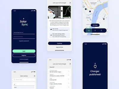 Solar Sync - Hackathon project blue green branding blue green ui car app ev charging app log on screen map view solar energy