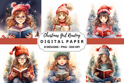 Cute Christmas Girl Reading Backgrouns commercial use art