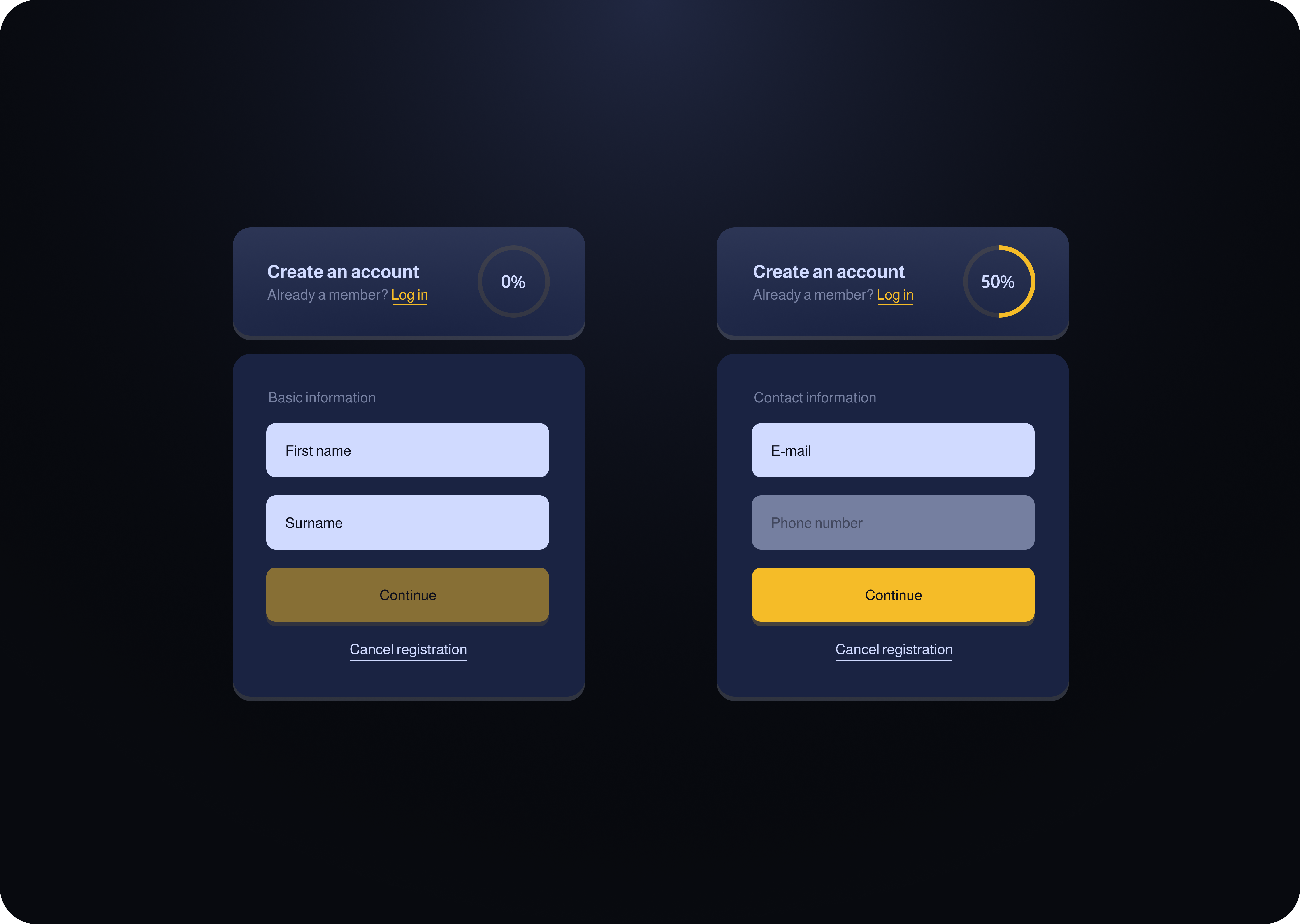 Registration UX/UI bar progression registration states ui ux