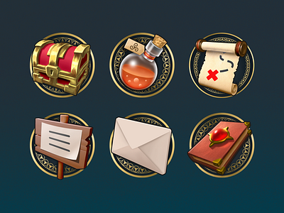 KR2 mobile game icons book bottle cgart chest game art game design gui icons medieval scroll ui