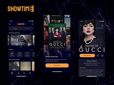 Online cinema mobile app | Design concept app black blacktheme cinemaapp designconcept mobileapp mobileappdesign movieapp movies netflix orange productdesign series seriesapp showapp ui uidesigner ux violet yellow