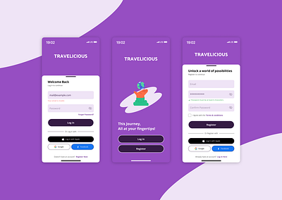 Log In and Register Page for a Travel Mobile App figma log in log in page login mobile mobile apps register register page ui uidesign uiux ux