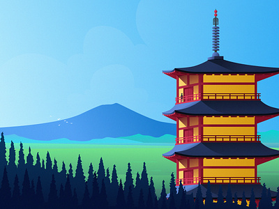 The elusive Mount Fuji bird blue cloud design green illustration japan mount fuji mountain people sea sky temple tower tree