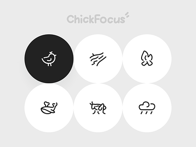 A set of white noise icons for the ChickFocus app bird black and white style campfire grasshopper hand drawn icon illustration line rain sketch stream whale