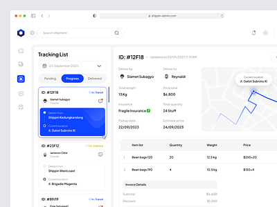 Shippin - Shipment Tracker Admin Web App blue cargo clean courier dashboard delivery design map minimalist route saas shipment shipping tracker tracking transit ui uidesign web design website design