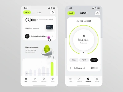 Vital Card iOS app design by milkinside analytics bank branindg budget card credit finance fintech graph green lime mastercard spend spending transaction ui ux visa vital