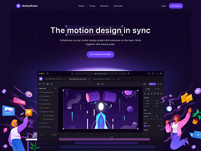 Motion Pulse: Motion Graphic Design Tool Landing Page 🪄 after effect animation custom dark theme dashboard design design tool editor figma header illustration landing page modern motion graphics orely people purple tools ui website