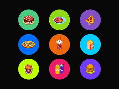 Fast Food - Icons branding burger cake category chicken colorful creative design food home page illustration logo menu pizza popcorn softdrinks type ui vector zart