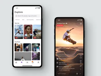 Explore & Livestream UI app comments concept design explore feed live livestream minimal mobile social media subscription