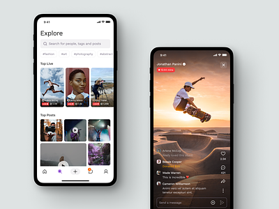 Explore & Livestream UI app comments concept design explore feed live livestream minimal mobile social media subscription