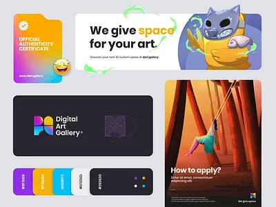 Digital Art Gallery - Brand Identity Highlights art direction art gallery brand design brand identity branding branding studio digital art emoji exhibition gradient graphic design logo logo design metaverse nft studio virtual gallery virtual space