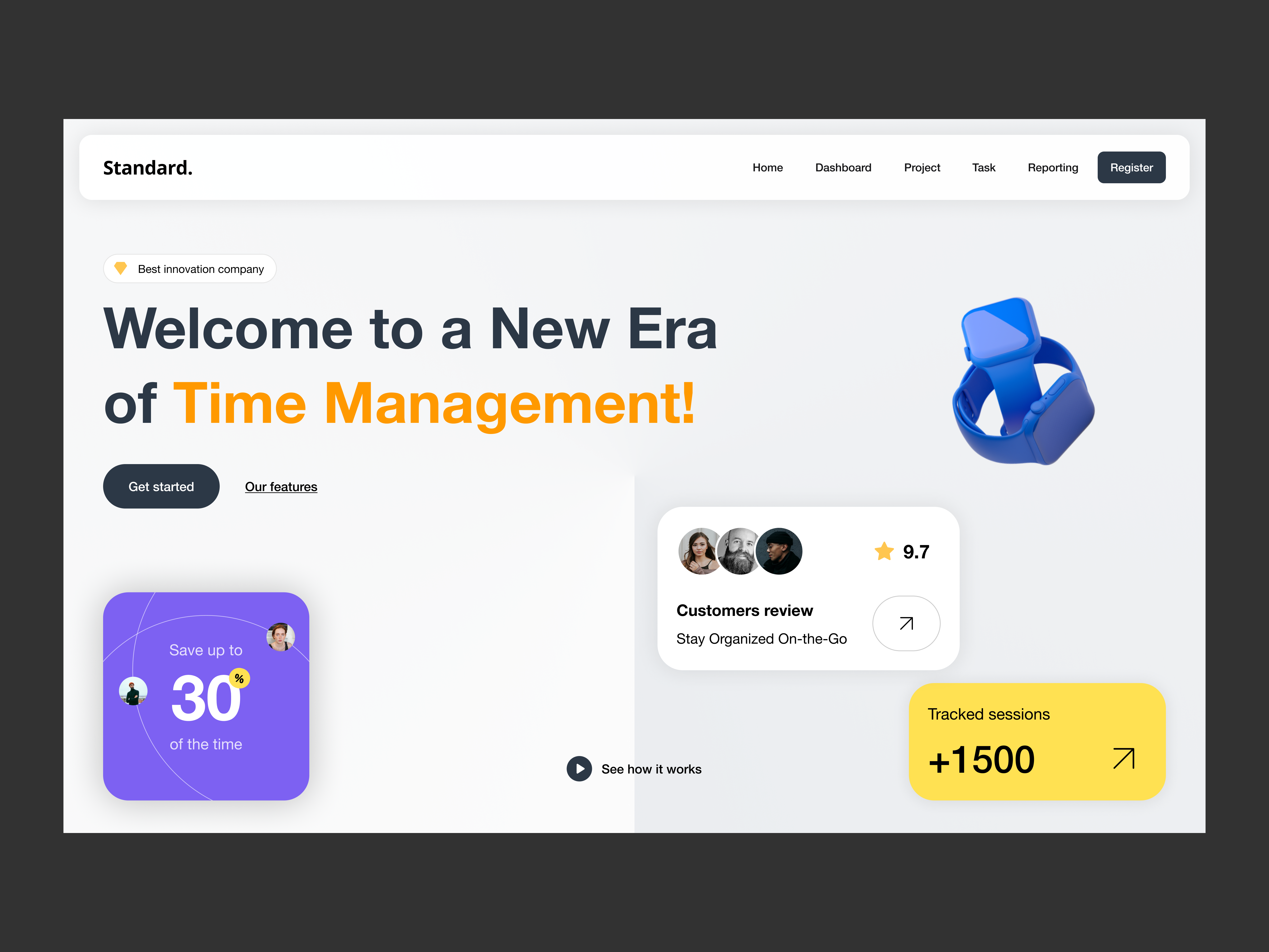 Animated Landing page animation clean dailyui design figma interface landing page saas service time time management tracking ui ux web
