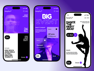 Night Parties - Mobile UI Concept 3d animation branding club concept creative dance design event illustration inspiration meet up mobile app modern night club social stylish ui ux violet