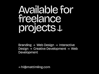 Available for freelance projects ↓ about brutalism clean contact creative design development hero home minimal minimalism mobile portfolio responsive simple typography web web design web development website