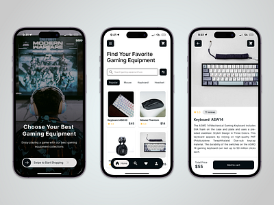 Gaming Equipment Store black clean e commerce figma game gamestore headset home ios app keyboard marketplace minimalist mobile app mouse product shop store ui user interface white