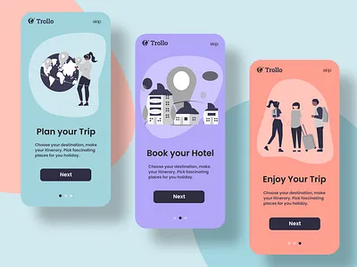 Trollo: Travel Mobile App Onboarding Screens branding flat illustration flights graphic design hotel logo mobile app onboarding pastel colors travel trip ui vector