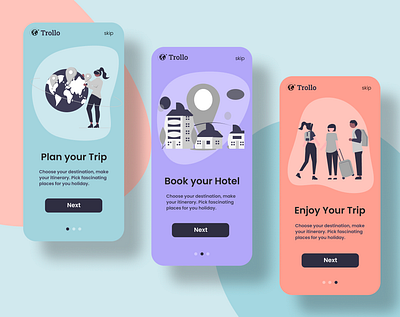 Trollo: Travel Mobile App Onboarding Screens branding flat illustration flights graphic design hotel logo mobile app onboarding pastel colors travel trip ui vector