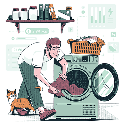 Great value tumble dryers (Which? magazine) cat dryer home illustration laundry man tumble