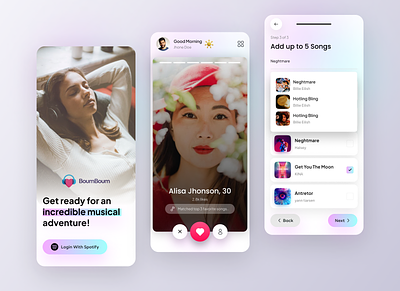 A tinder like concept for matched music app application application ui dating dating app dating application tinder tinder app concept tinder application ui design ui ux