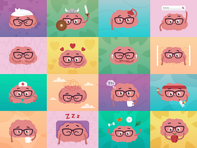 Bean 🧠 brain character character design coffee confused eating happy headphones health illustration in pain meditation mood nurse sad sleeping ui ux vector viking