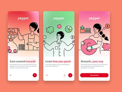 Rejected Designs - Pepper Money app design illustration onboarding pastel payments ui