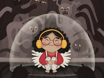 Drawn To Music angel wings bubble character design childrens illustration girl character glasses illustration kidlit kidlitart monster under bed monsters music safe space