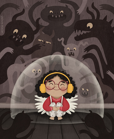 Drawn To Music angel wings bubble character design childrens illustration girl character glasses illustration kidlit kidlitart monster under bed monsters music safe space