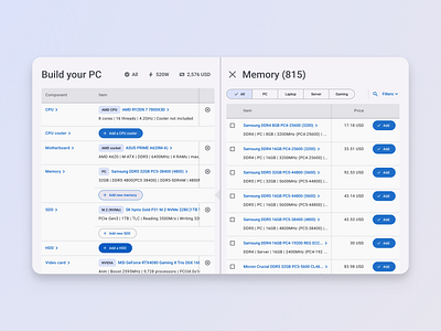 Build your PC (WIP #2) computer estimate hardware material pc pc building saas screen split simple split table ux