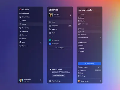Sidebars — Stratum 2.0 avatar badge button colorful dark mode design system figma minimal navigation product design saas search field sections select sidebar ui design ui kit user interface ux design web design