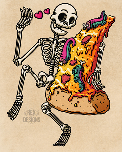 Pizza is the best friend art besties character dark design draw food food illustration friend gradient graphic illustration linework love pizza process skeleton skull