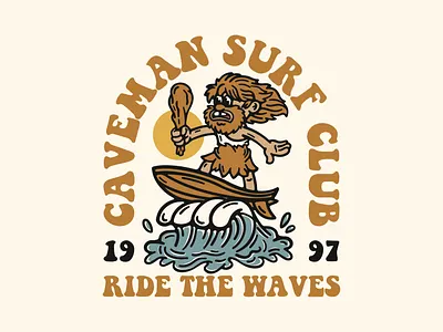 Caveman Surf availabledesign badgedesign caveman design designforsale illustration summer summer vibes surf surfing tshirtdesign vintage badge vintage design waves