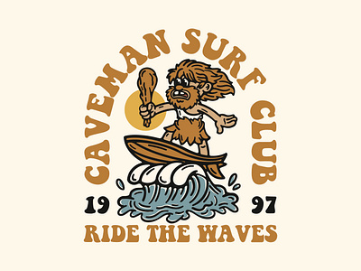 Caveman Surf availabledesign badgedesign caveman design designforsale illustration summer summer vibes surf surfing tshirtdesign vintage badge vintage design waves