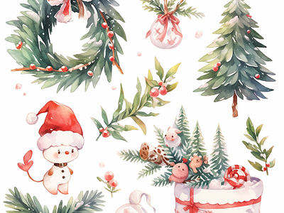 Christmas Watercolor Elements christmas christmas tree design festive illustration watercolor xmas