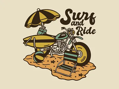 Surf and Ride availabledesign badgedesign beach design designforsale dirt bikes illustration motocross motorcycle summer summer vibes surf surfing tshirtdesign vintage vintage badge vintage design
