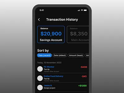 Transaction History app dark e wallet fintech minimalist mobile ui