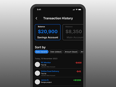 Transaction History app dark e wallet fintech minimalist mobile ui