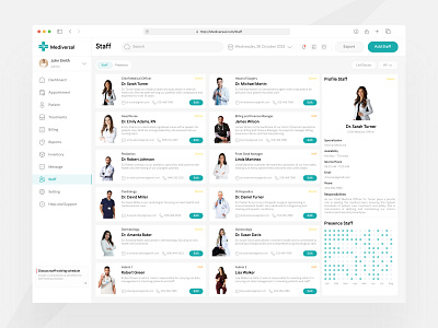 Staff Page - Mediversal card view component dashboard design doctor employe healthcare hospita management medical precence saas service staf statistic ui ui kit ux web website