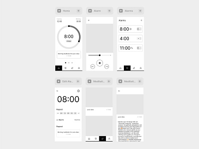 First go @ Framer . alarm app concept design framer low fidelity meditation mobile ui wireflow wireframe