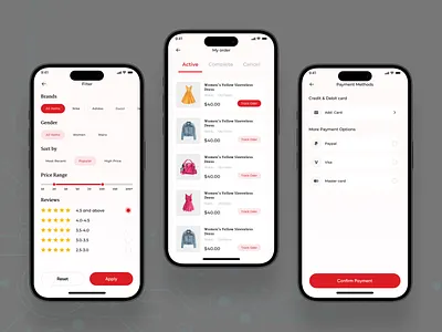 E-commerce mobile Filter, my order, and payment methods page app app design branding dailyui design e commerce filter page mobile app my order page pay payment methods page ui ux web webdesigner