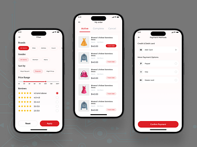 E-commerce mobile Filter, my order, and payment methods page app app design branding dailyui design e commerce filter page mobile app my order page pay payment methods page ui ux web webdesigner