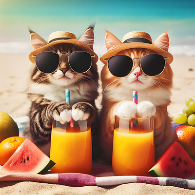 A couple of cats wearing glasses with fresh juice and fruits beach haps summer