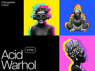 Acid Warhol Pop-Art Photo Effects acid colorful displacement double dynamic exposure halftone overlay pixelbuddha pop art popart psd retro risgraph stripes template texture trippy warhol zine