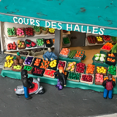 Rue de Buci in Paris, plasticine, carboard, 25x17,5x12 cm 3d clay installation miniature plasticine plasticineart