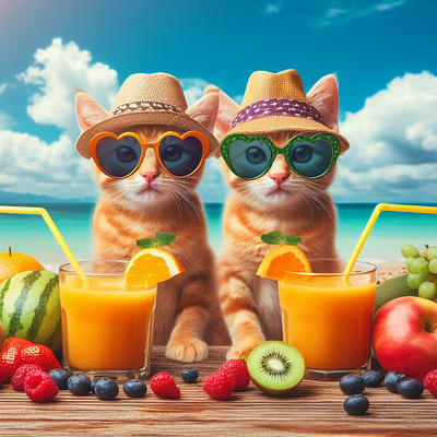 A couple of cats wearing glasses with fresh juice and fruits cute pets